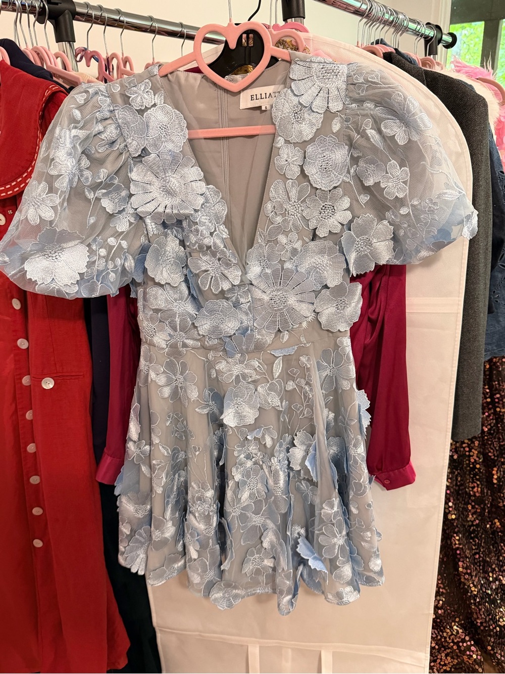 Elliatt Floral Appliqué Powder Blue Dress Mini Puff Sleeve